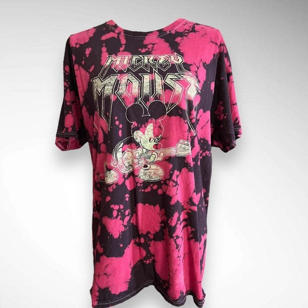 DISNEY Men's Mickey Mouse Metal Rock Star Red Black Bleach Dye T-Shirt |‎ EUC